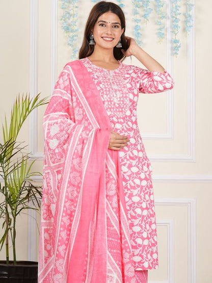 Dhiyona KL Floral Printed Round Neck Mirror Work Kurta With Palazzos & Dupatta