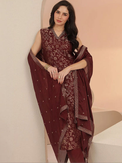 Maroon Floral Woven Design Silk Blend Straight Suit Set
