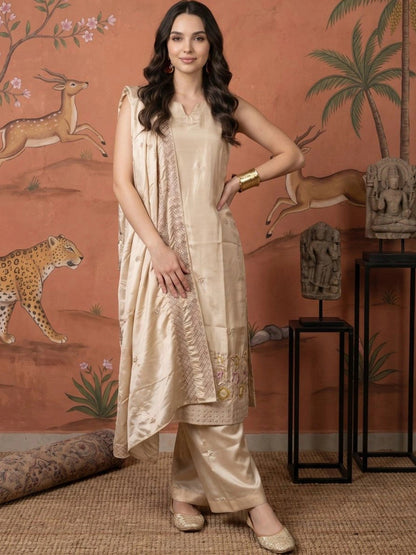 Women Floral Embroidered Regular Sequinned Silk Georgette Kurta with Palazzos & With Dupatta