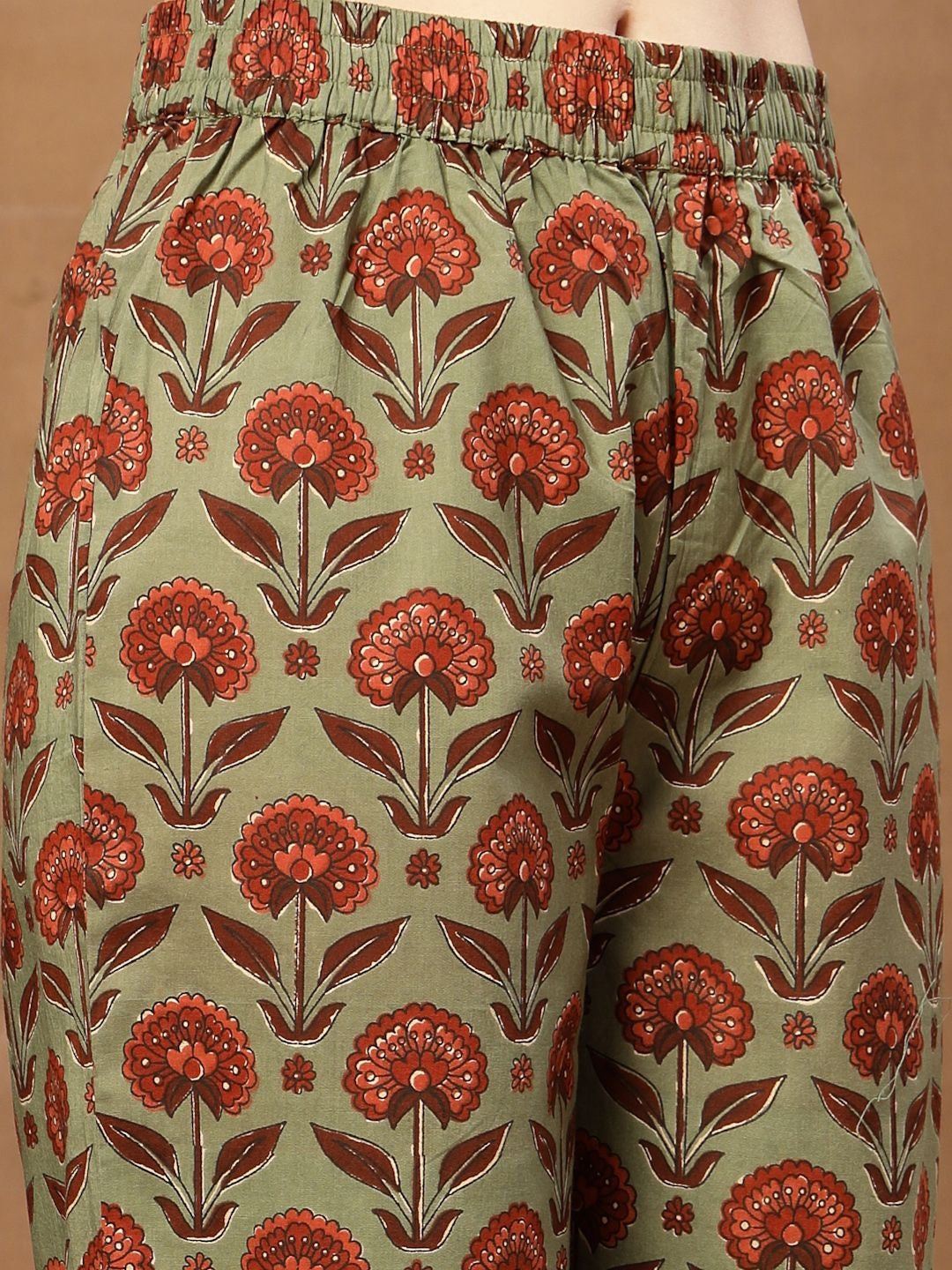 Printed Pure Cotton V-Neck Kurta & Palazzos With Dupatta