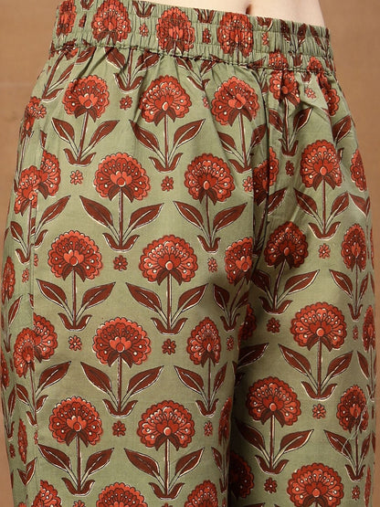 Printed Pure Cotton V-Neck Kurta & Palazzos With Dupatta