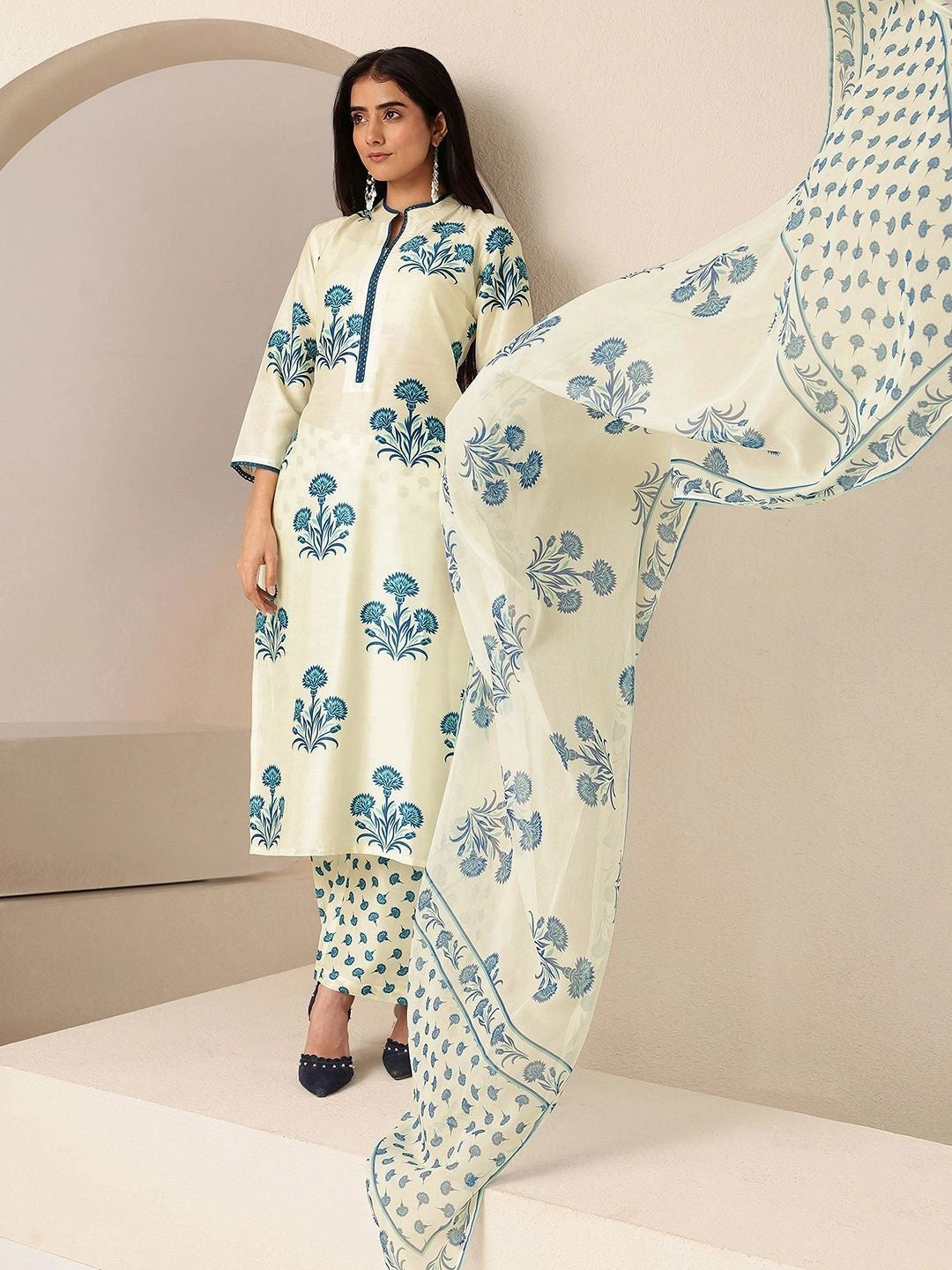 Cream Floral Printed Straight Cotton Blend Suit Set