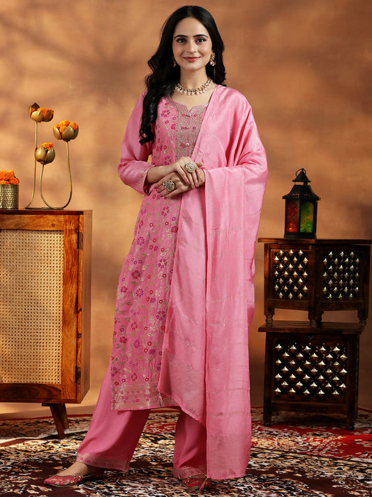 Women's LB Pink Woven Design Silk Blend Straight Suit With Dupatta