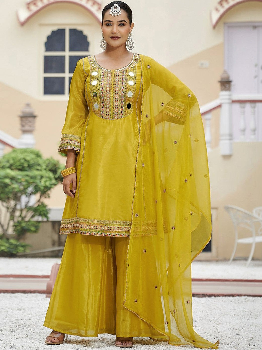 Embroidered Round Neck Kurta & Palazzos With Dupatta