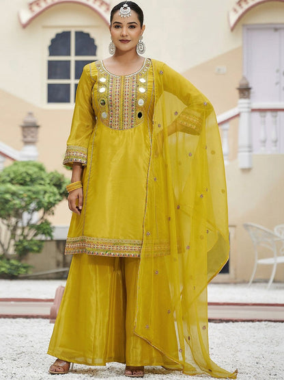 Embroidered Round Neck Kurta & Palazzos With Dupatta