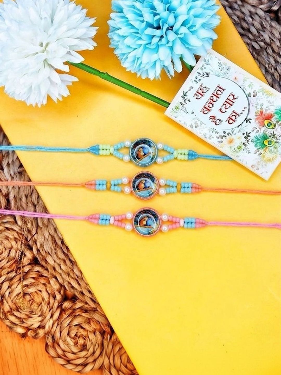 Dhiyona Set Of 3 Radha Krishna Thread Rakhi With Roli Chawal Chandan Mishri