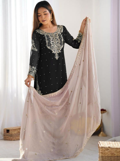 Dhiyona KL Women Ethnic Motifs Embroidered Regular Sequinned Kurta with Sharara & With Dupatta