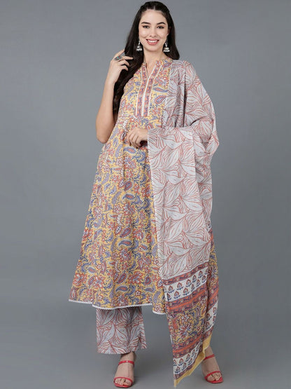 Dhiyona KL Ethnic Motifs Printed Empire Pure Cotton Kurta with Palazzos & Dupatta
