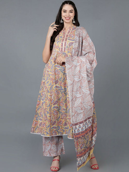 Dhiyona KL Ethnic Motifs Printed Empire Pure Cotton Kurta with Palazzos & Dupatta