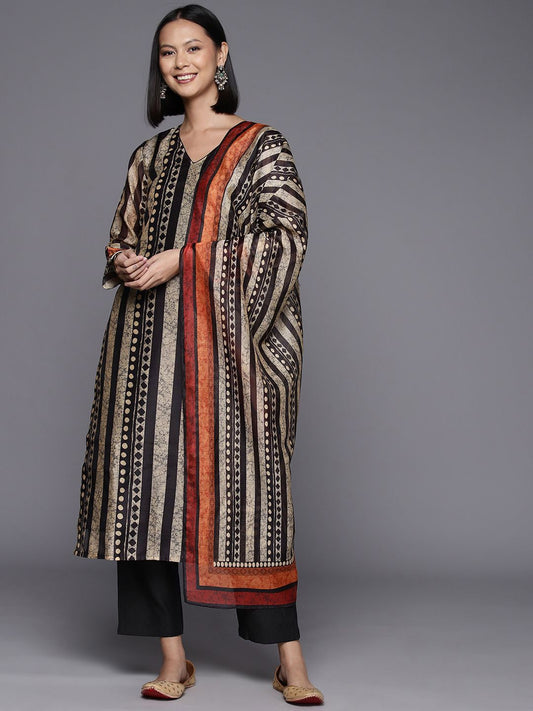 Dhiyona VA Women'sStriped V Neck Chanderi Cotton Straight Kurta & Trousers With Dupatta