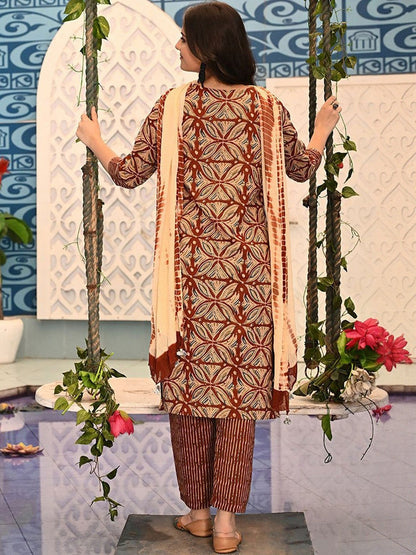 Ethnic Motifs Printed Thread Work Pure Cotton Kurta With Trousers & Dupatta