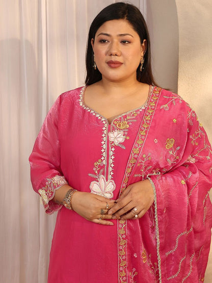 Dhiyona Women's Plus Size Floral Embroidered Kurta with Trousers & With Dupatta
