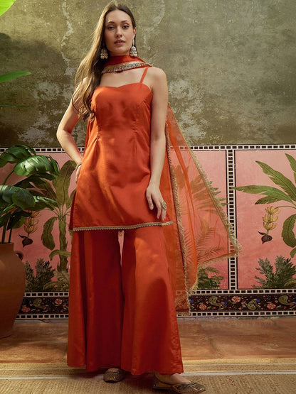 Embroidered Shantoon Shoulder Straps Kurti & Palazzos With Dupatta