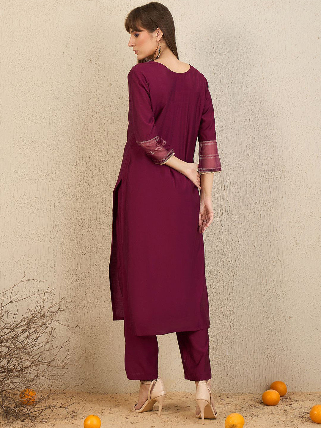 V Neck Pleated Straight Kurta With Trousers