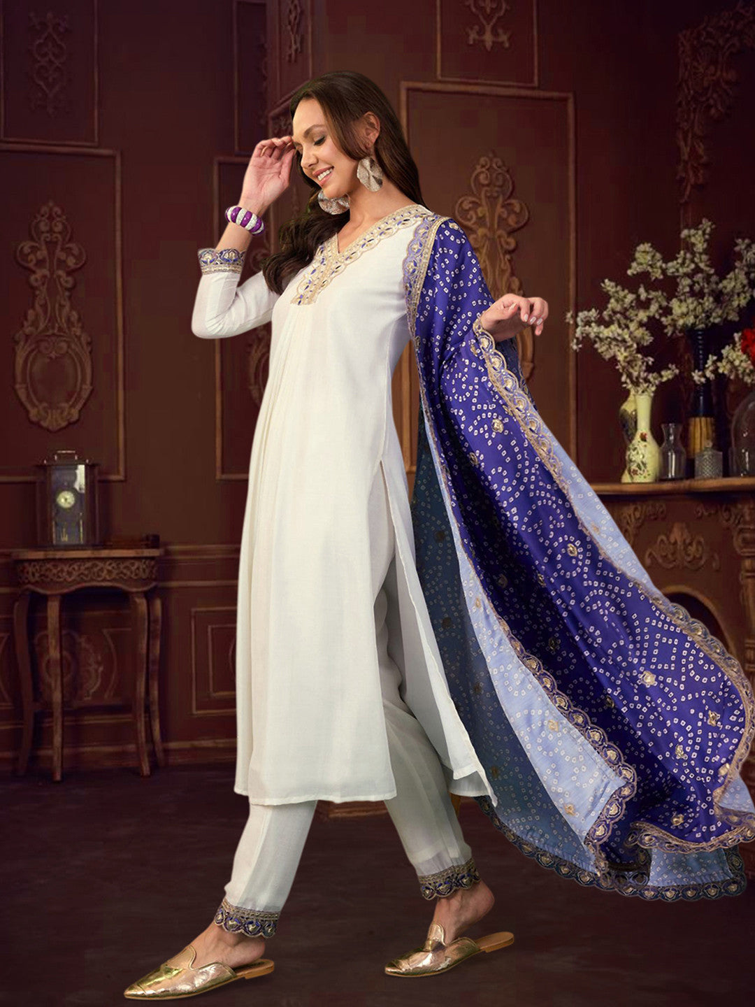 Floral Yoke Design V-Neck Pleated Sequinned Straight Kurta With Trouser & Dupatta