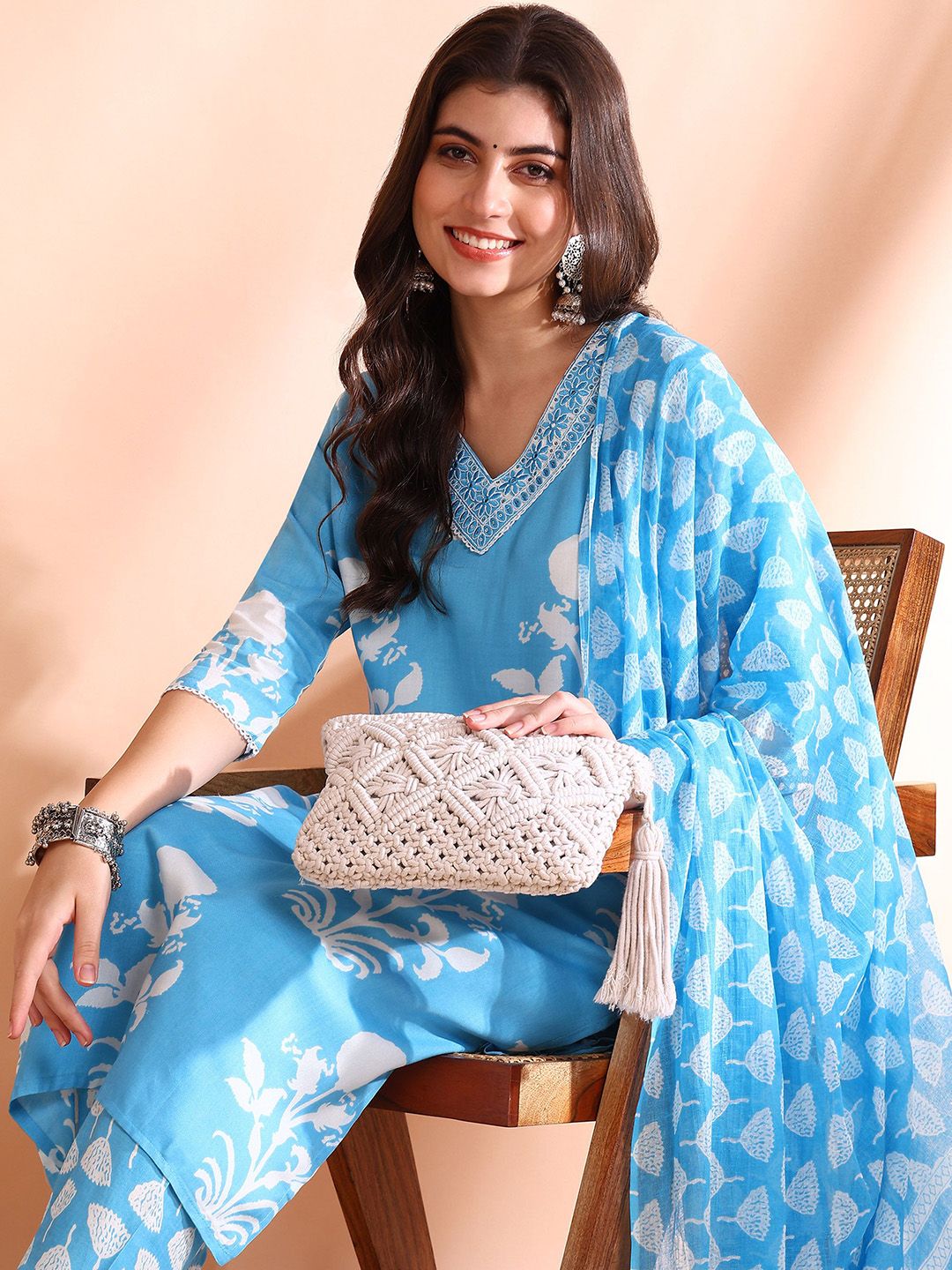 Dhiyona OD  Printed Thread Work Pure Cotton Kurta With Trousers & Dupatta