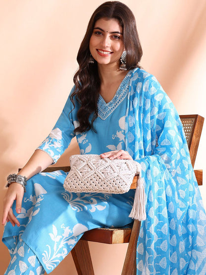 Dhiyona OD  Printed Thread Work Pure Cotton Kurta With Trousers & Dupatta