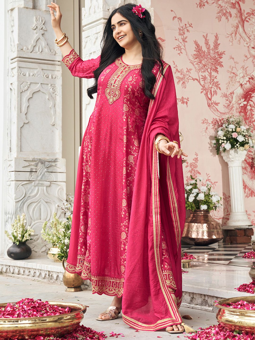 Dhiyona CH Ethnic Motifs Embroidered Round Neck Anarkali Kurta With Trousers & Dupatta