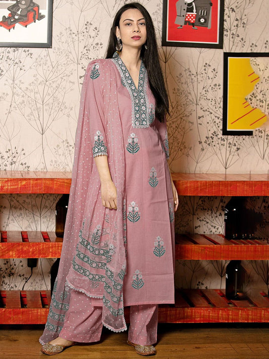 Dhiyona KL Women Floral Printed Regular Thread Work Kurta with Palazzos & With Dupatta