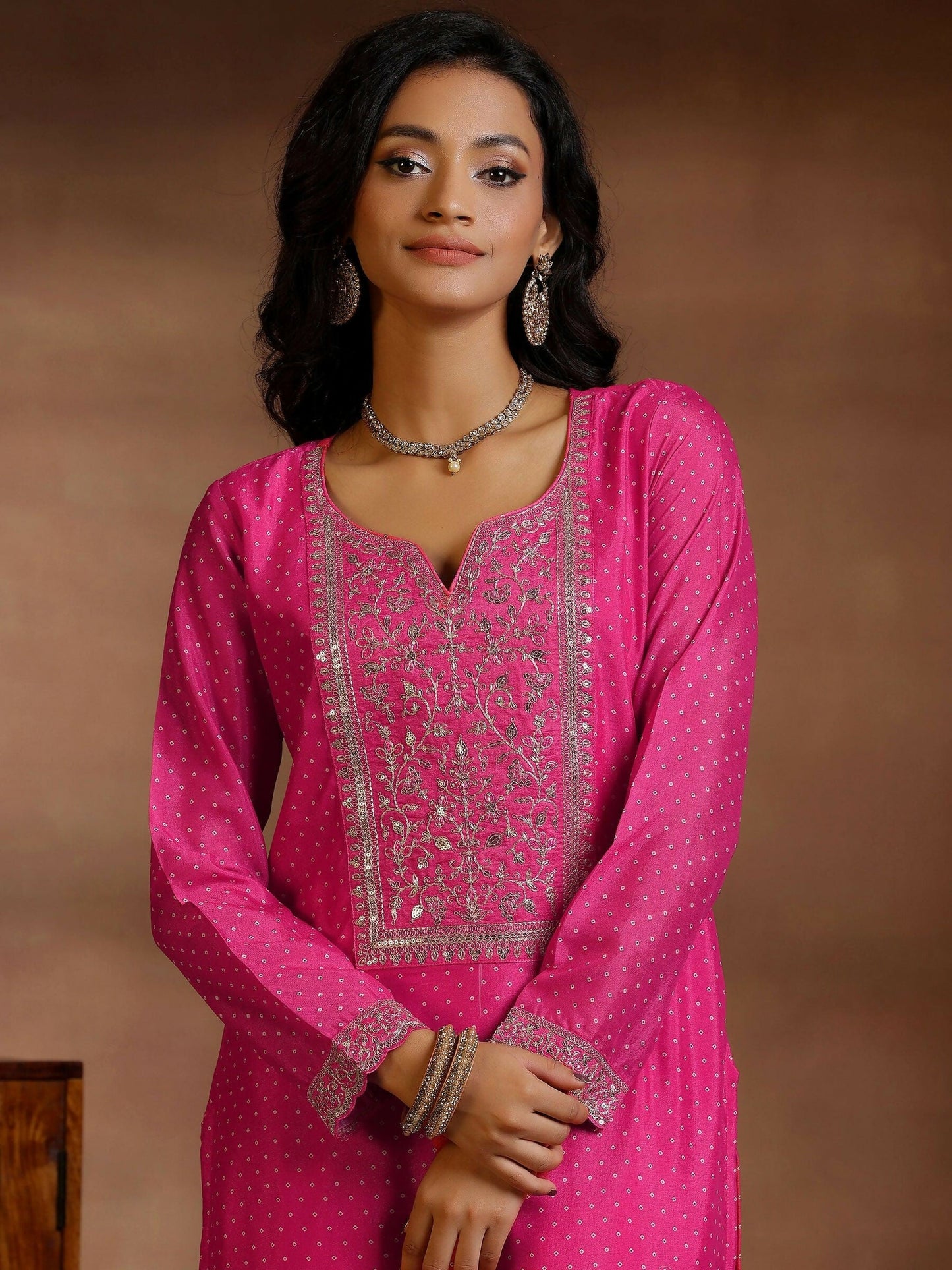 Women's LB Pink Printed Silk Blend Straight Suit With Dupatta