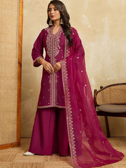 Dhiyona HOP Floral Embroidered Mandarin Collar Sequinned Kurta With Sharara & Dupatta