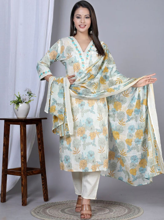 Dhiyona KL Women Floral Printed Regular Pure Cotton Kurta with Trousers & With Dupatta