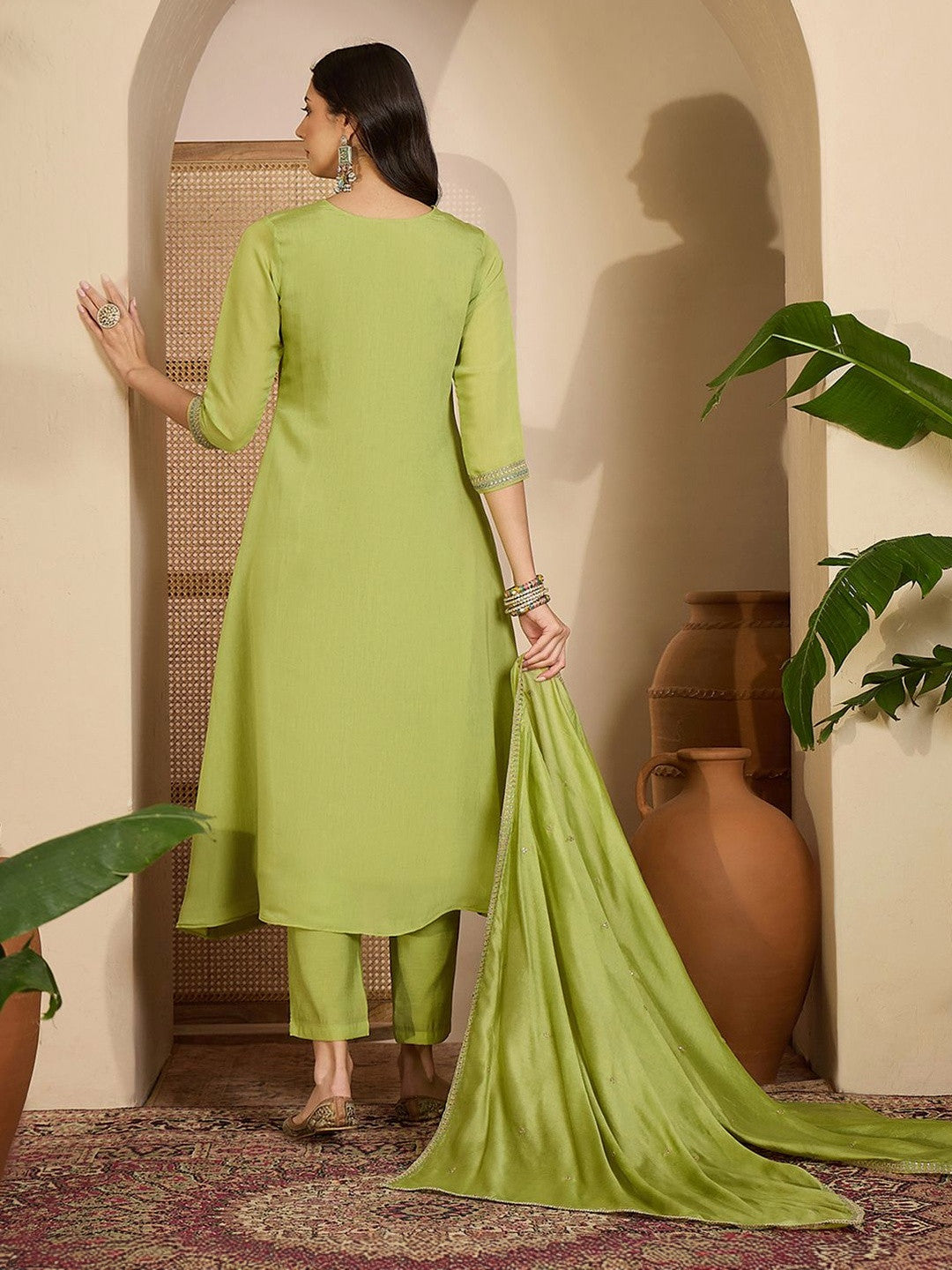 Zari Sequence Thread Embroidered Kurta With Trousers & Dupatta