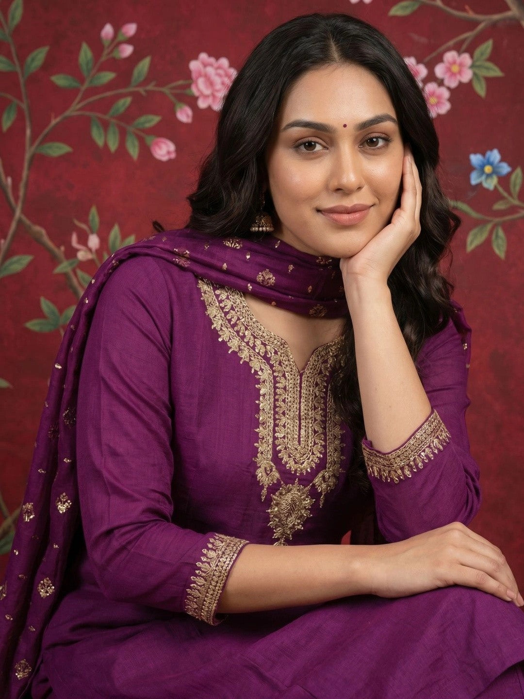 Women Ethnic Motifs Embroidered Regular Thread Work Kurta with Palazzos & With Dupatta