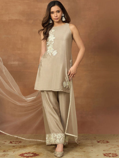 Dhiyona IN Women Floral Embroidered Regular Thread Work Kurta with Palazzos & With Dupatta