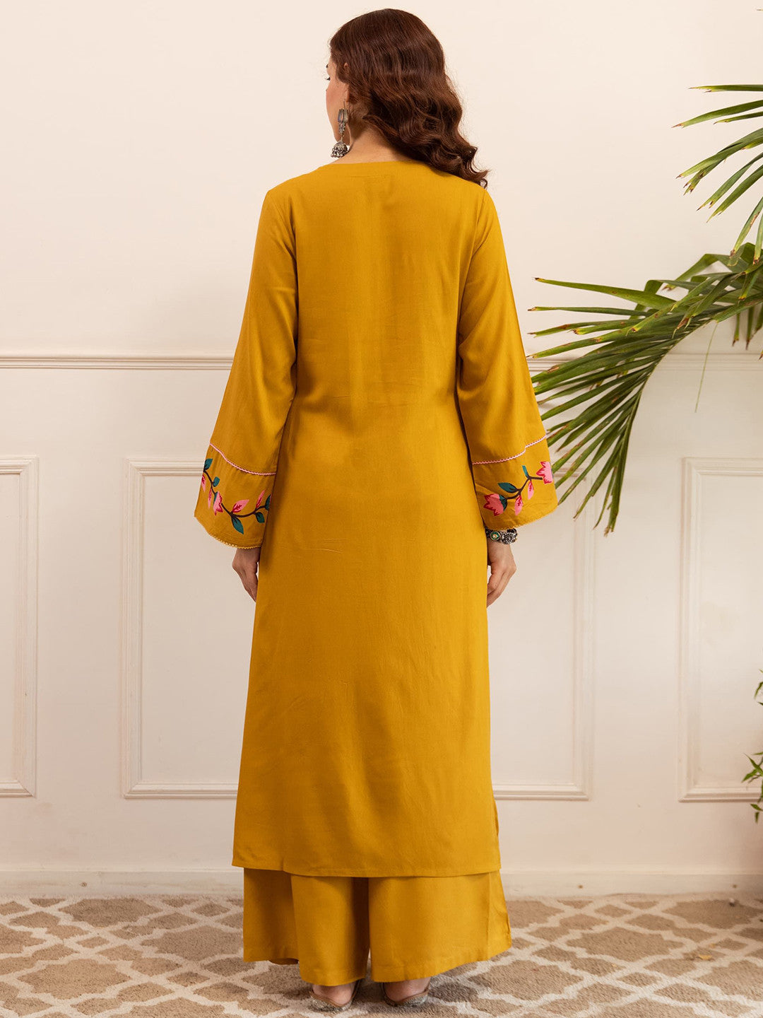Floral Printed Square Neck Sequinned Straight Kurta With Palazzos