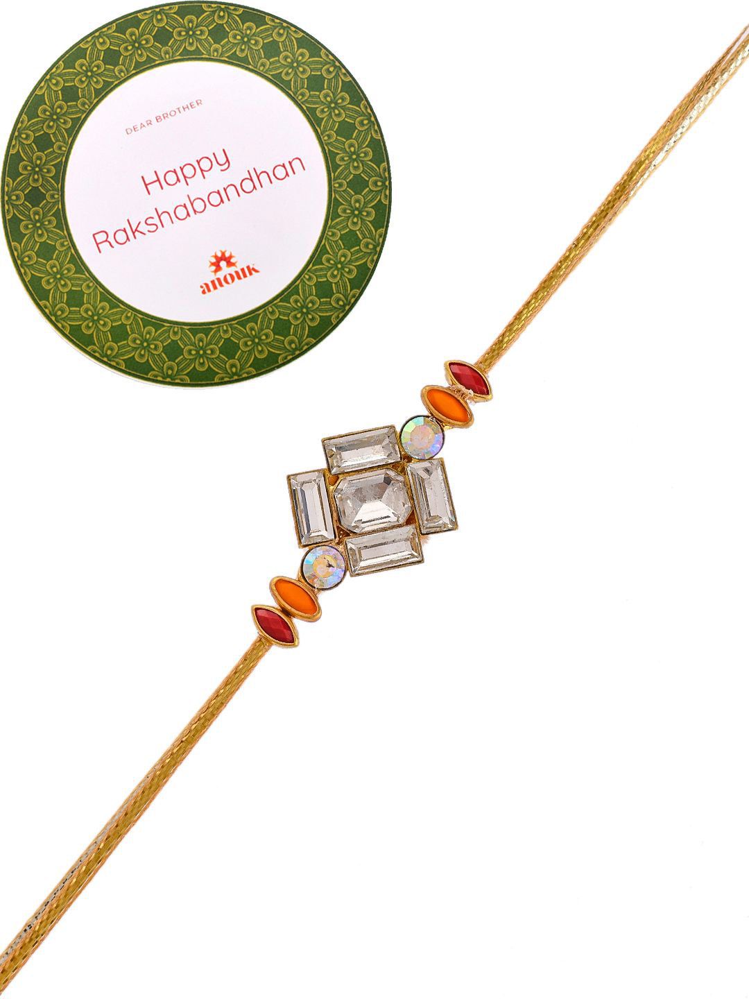 Dhiyona Gold Toned American Diamond Stone Studded Rakhi With Roli Chawal & Greeting Card