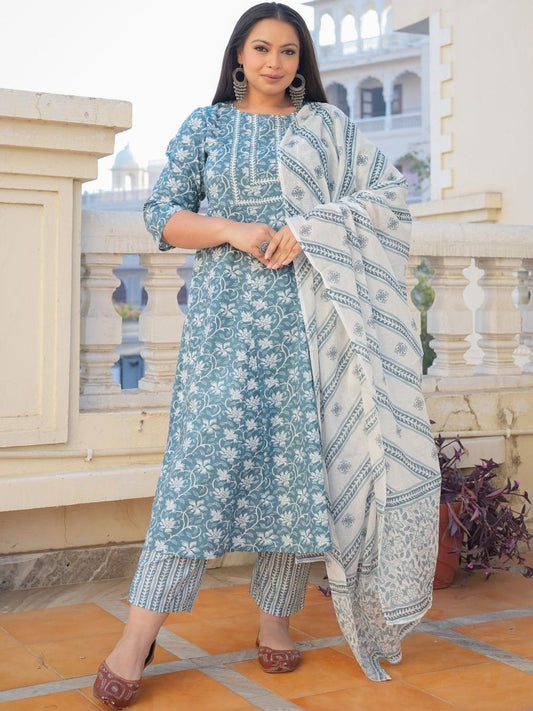 Dhiyona KL Women Blue Printed Cotton Blend Kurta Sets