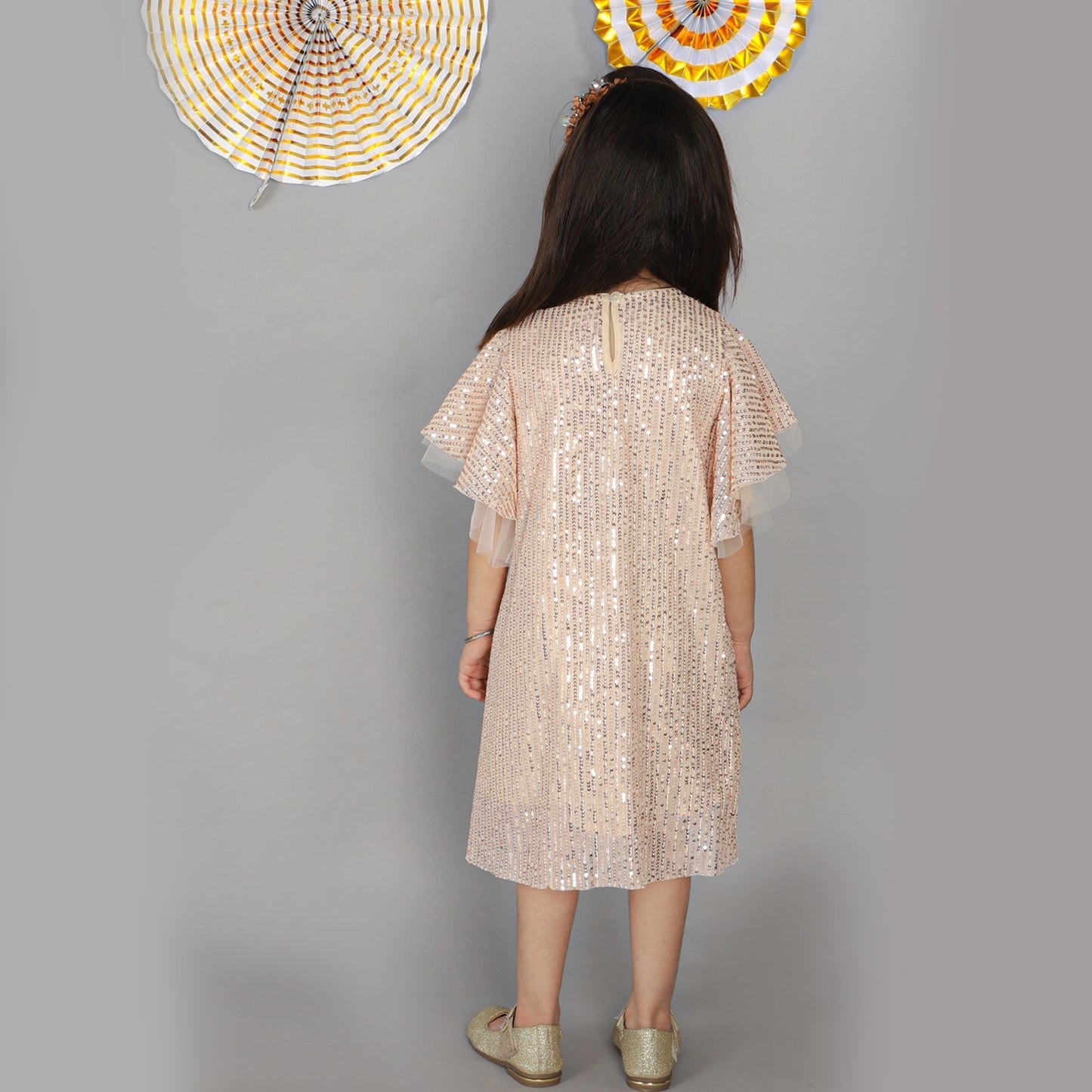Girls Stylish Sequence Embroidered Dress with Ruffle Sleeve