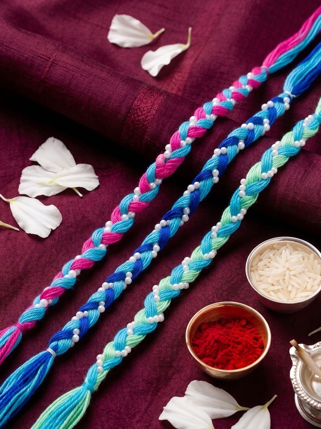 Dhiyona Set Of 3 Multicolor Thread Rakhi With Roli Chawal Chandan Mishri