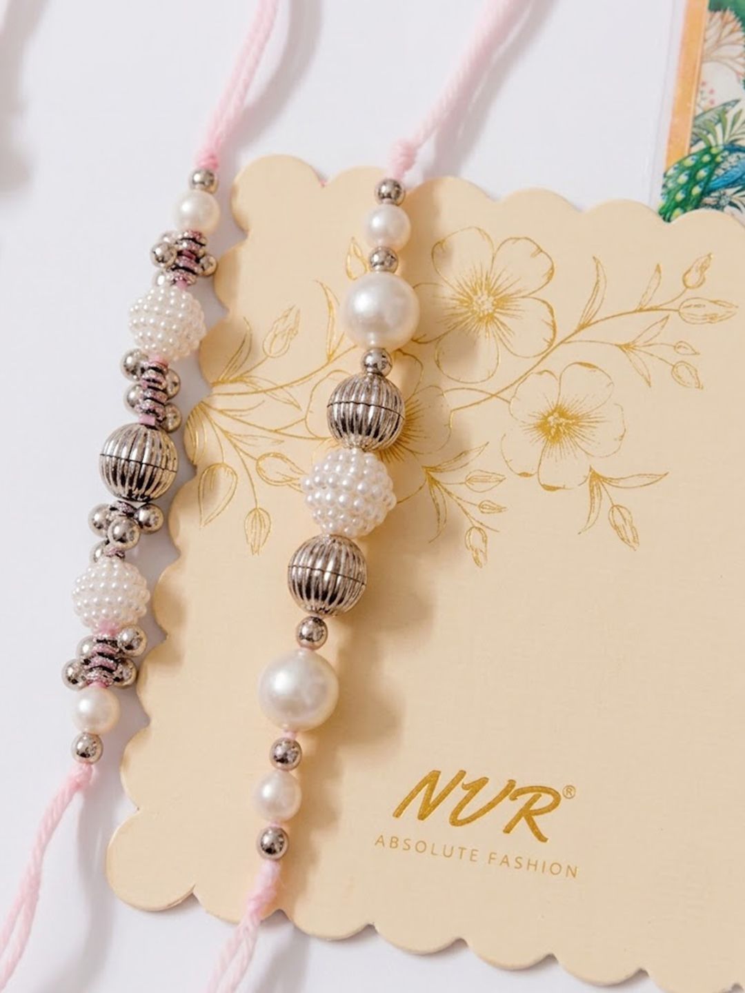 Dhiyona Set Of 3 White Pearls Thread Rakhi With Roli Chawal Chandan Mishri