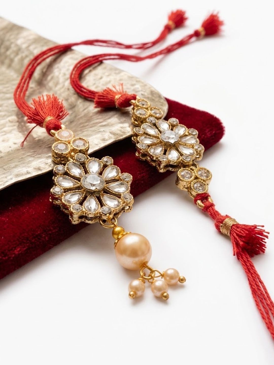Anouk Set Of 2 Red Kundan Studded Floral Design Bhaiya Bhabhi Rakhi With Roli Chawal