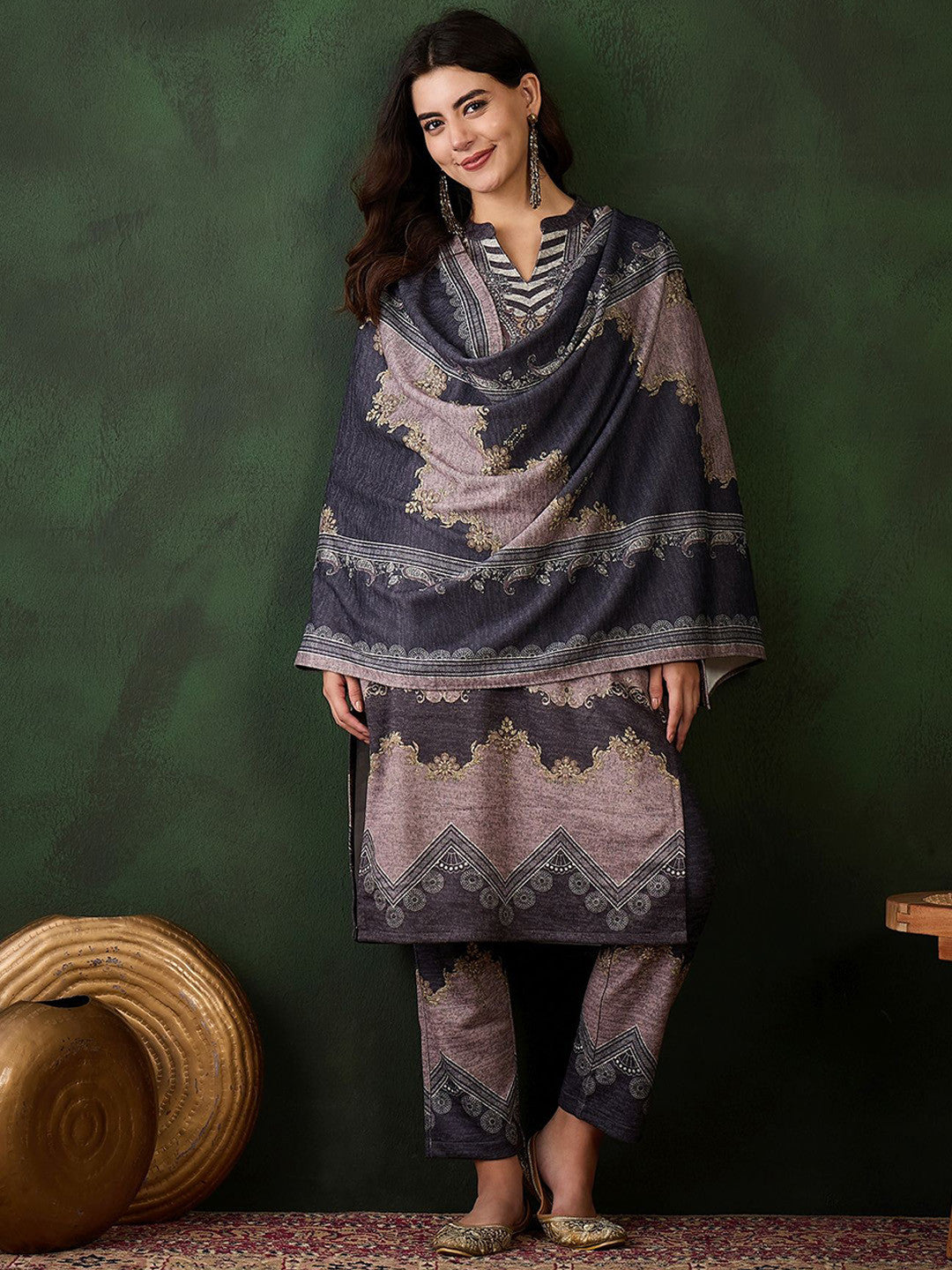 Dhiyona SN Self-Design Winter Kurta & Trouser With Dupatta