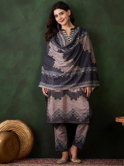 Self-Design Winter Kurta & Trouser With Dupatta