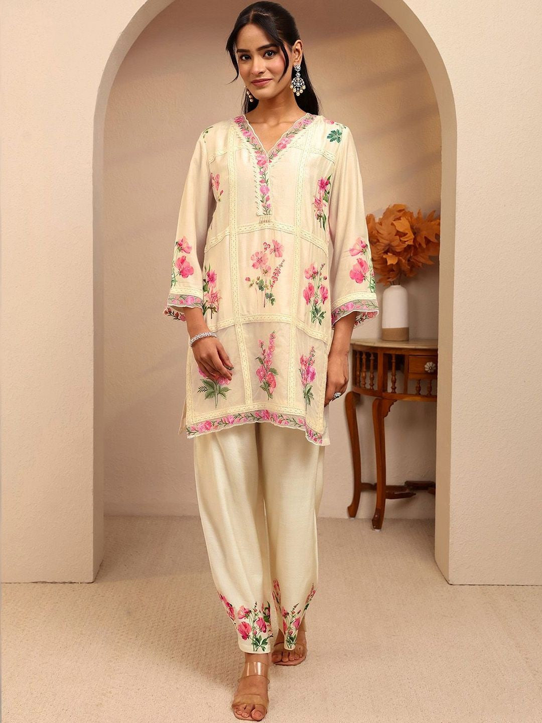 Off White Floral Printed Silk Blend A-line Kurta Set