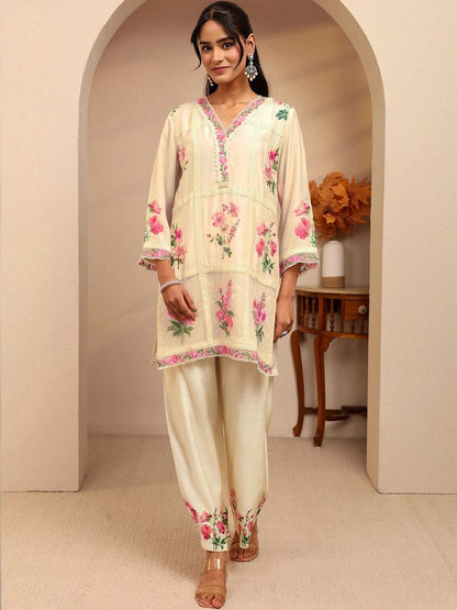 Off White Floral Printed Silk Blend A-line Kurta Set