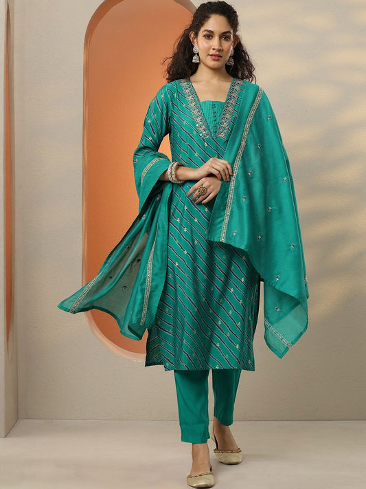 Leheriya Printed Mirror Work Straight Kurta With Trousers & Dupatta