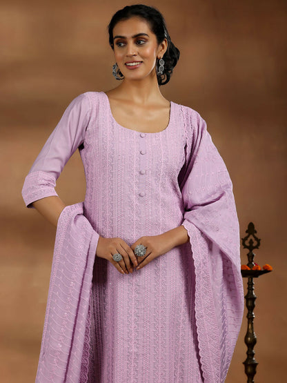 Women's LB Mauve Embroidered Silk Blend Straight Suit With Dupatta