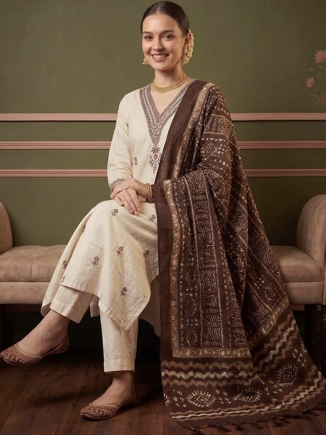 Women Ethnic Motifs Embroidered Regular Thread Work Pure Cotton Kurta with Trousers & With Dupatta