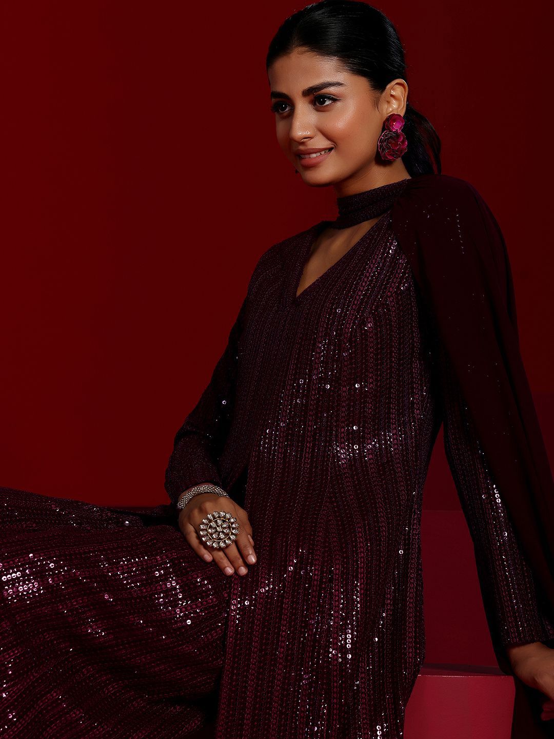 Dhiyona LL V-Neck Art Sequinned Embroidered Kurta with Palazzos & Dupatta