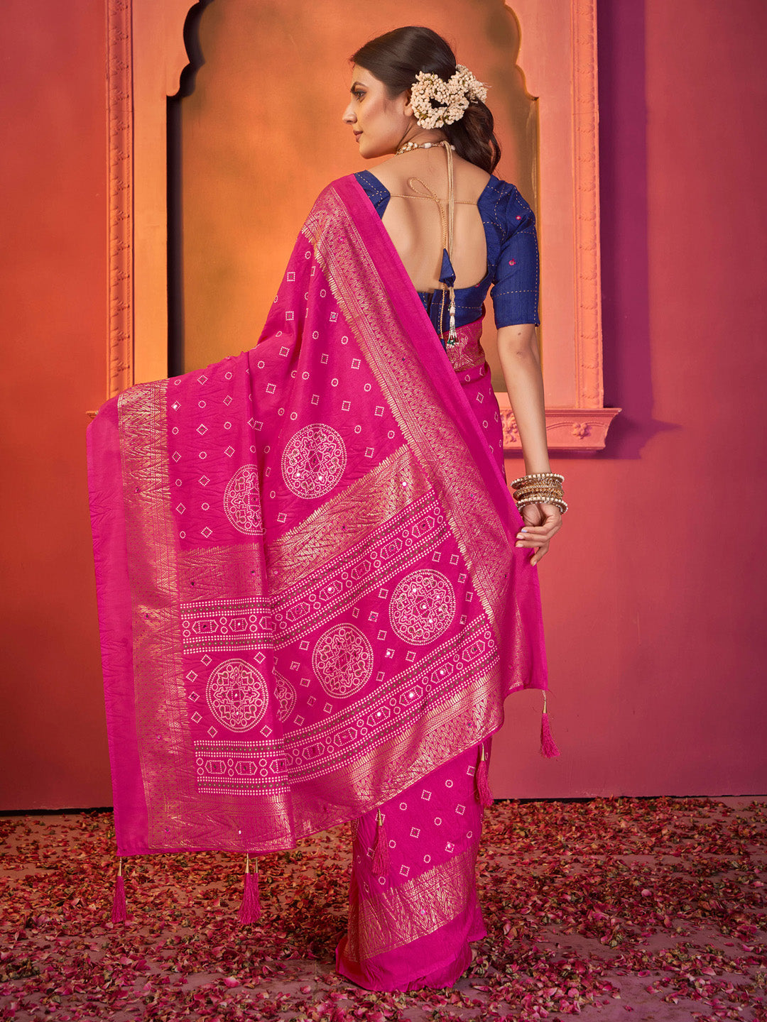 Women's Tussar Silk Navy Blue Embellished Designer Saree With Blouse Piece