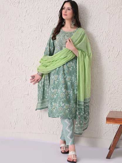 Women Floral Printed Regular Thread Work Pure Cotton Kurta with Palazzos & With Dupatta