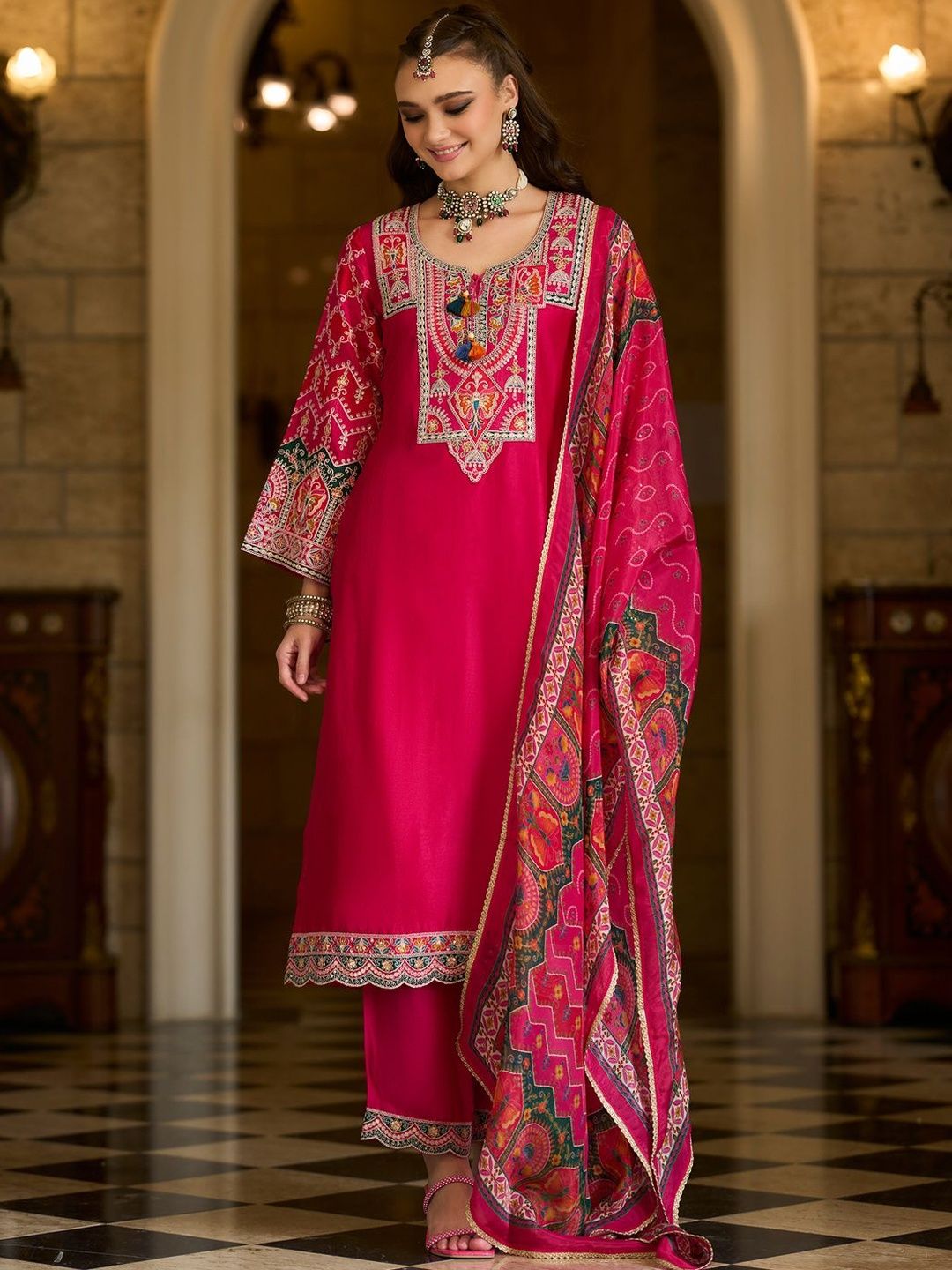 Ethnic Motifs Embroidered Notch Neck Thread Work Kurta With Trousers & Dupatta