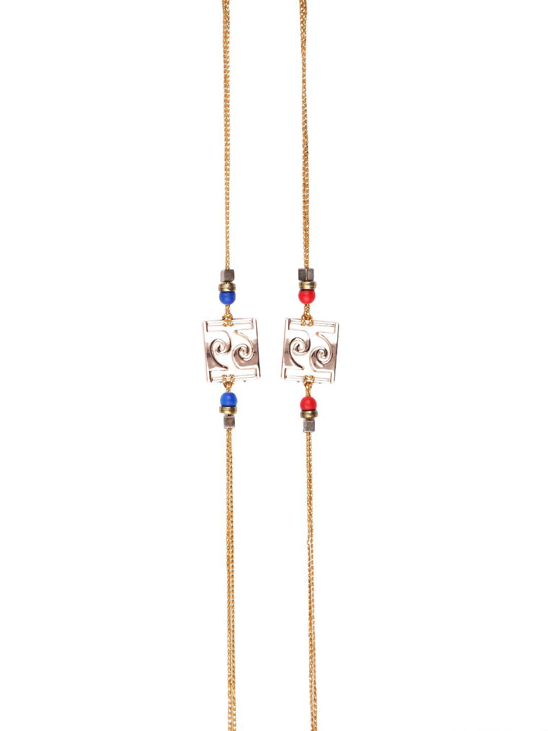Dhiyona Red Set Of 2 Beaded Square Charm Thread Rakhis With Roli Chawal & Greeting Card