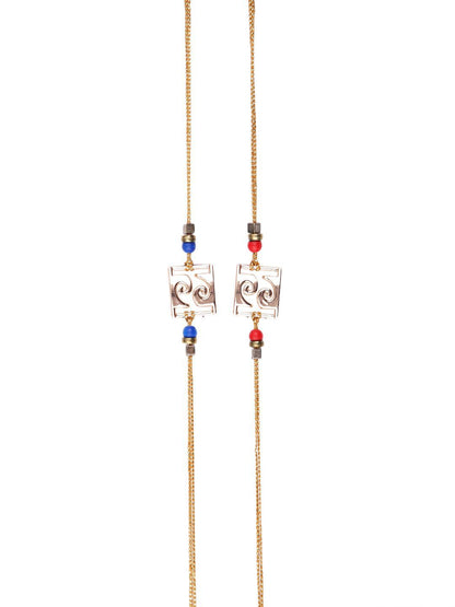 Dhiyona Red Set Of 2 Beaded Square Charm Thread Rakhis With Roli Chawal & Greeting Card