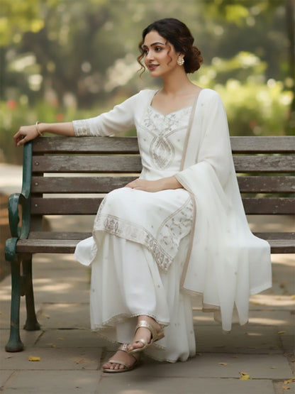 Dhiyona VA Women Ethnic Motifs Embroidered Regular Thread Work Kurta with Sharara & With Dupatta